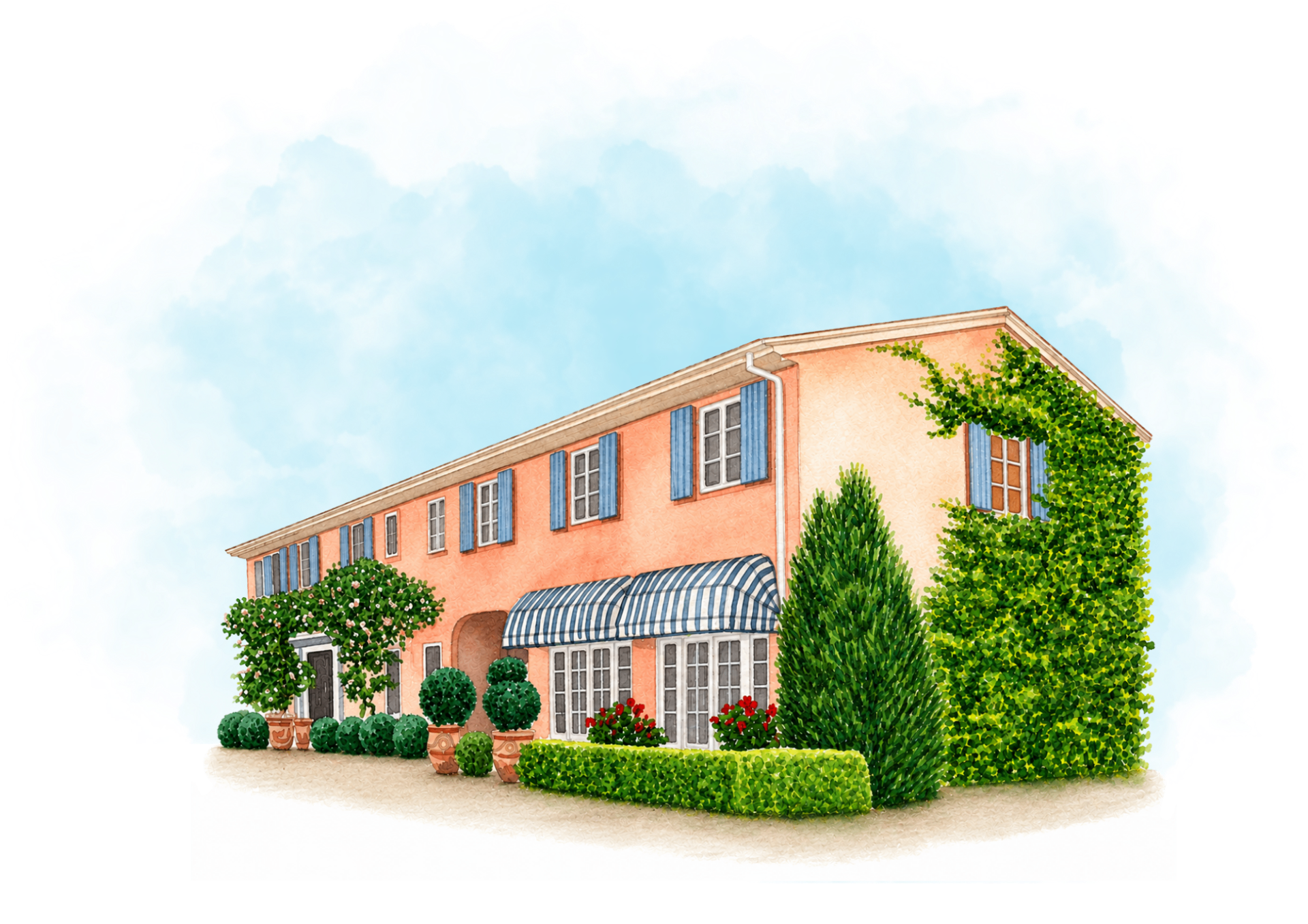 Watercolour illustration of the villa at Red Leaf, Wollombi